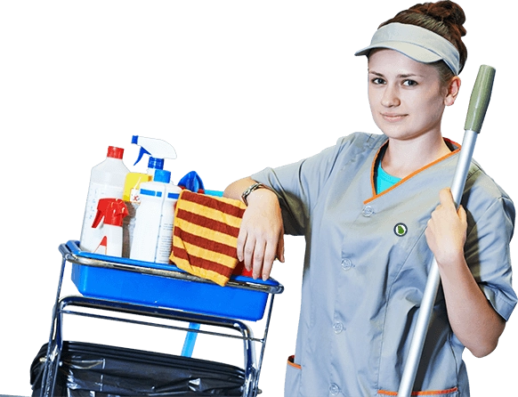Woman with a mop and other cleaning supplies.